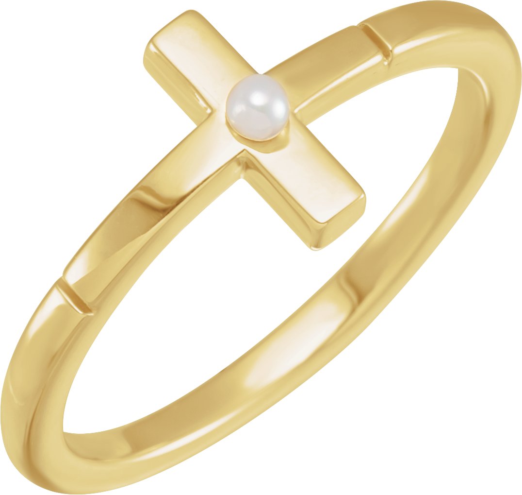 14K Yellow Cultured White Akoya Pearl Sideways Cross Ring 