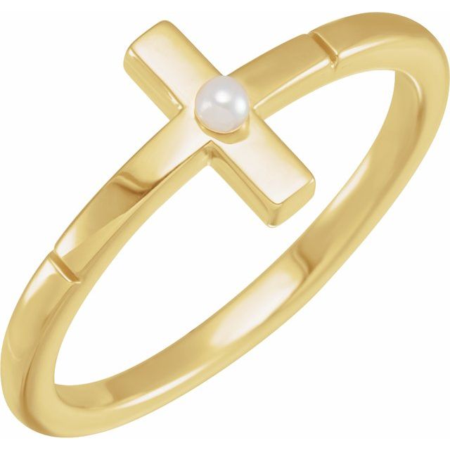 14K Yellow Cultured White Akoya Pearl Sideways Cross Ring 