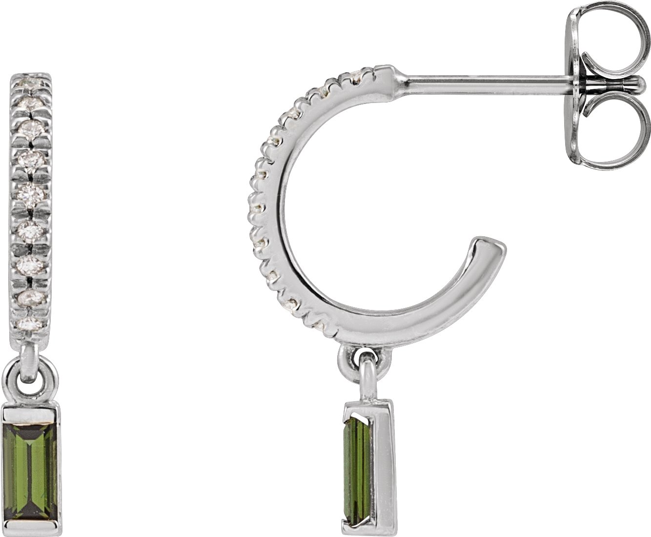 14K White Natural Green Tourmaline & .08 CTW Natural Diamond French-Set Hoop Earrings