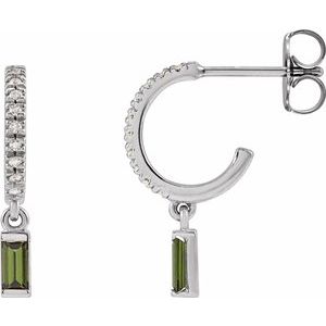 14K White Natural Green Tourmaline & .08 CTW Natural Diamond French-Set Hoop Earrings