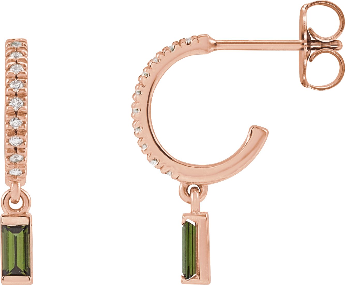 14K Rose Natural Green Tourmaline and .08 CTW Natural Diamond French Set Hoop Earrings Ref 18164824