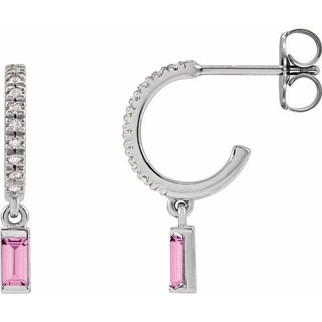 14K White Natural Pink Sapphire & .08 CTW Natural Diamond French-Set Hoop Earrings