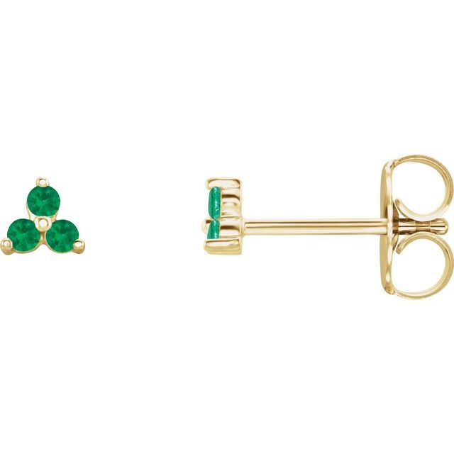 14K Yellow Natural Emerald Three Stone Earrings