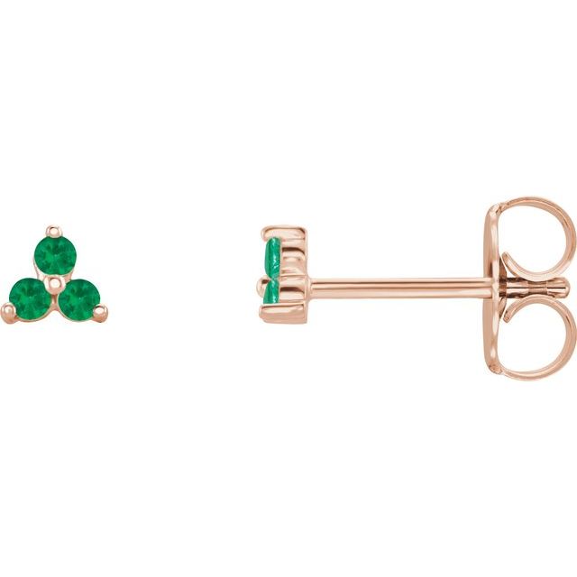 14K Rose Natural Emerald Three Stone Earrings