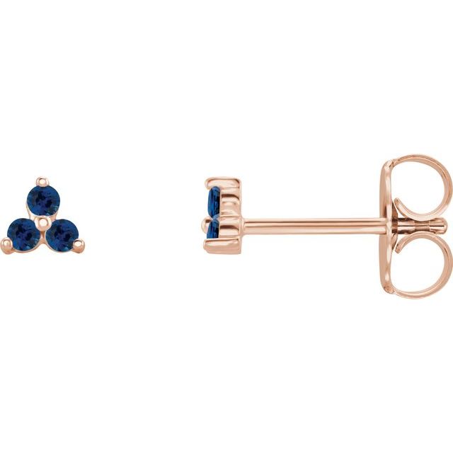 14K Rose Natural Blue Sapphire Three Stone Earrings