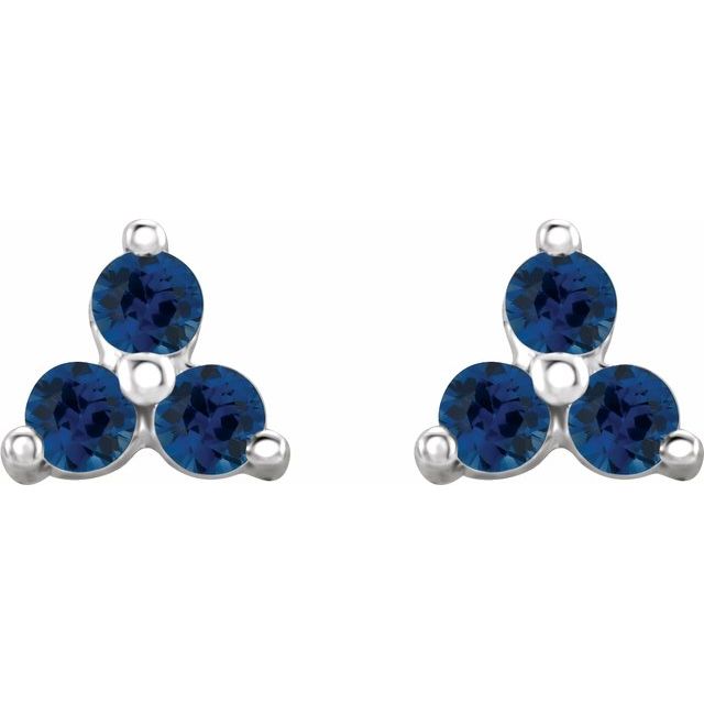 14K White Natural Blue Sapphire Three Stone Earrings