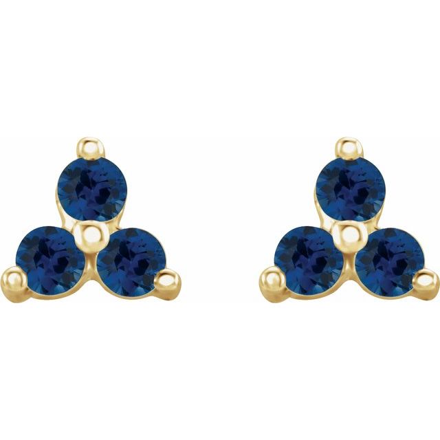 14K Yellow Natural Blue Sapphire Three Stone Earrings
