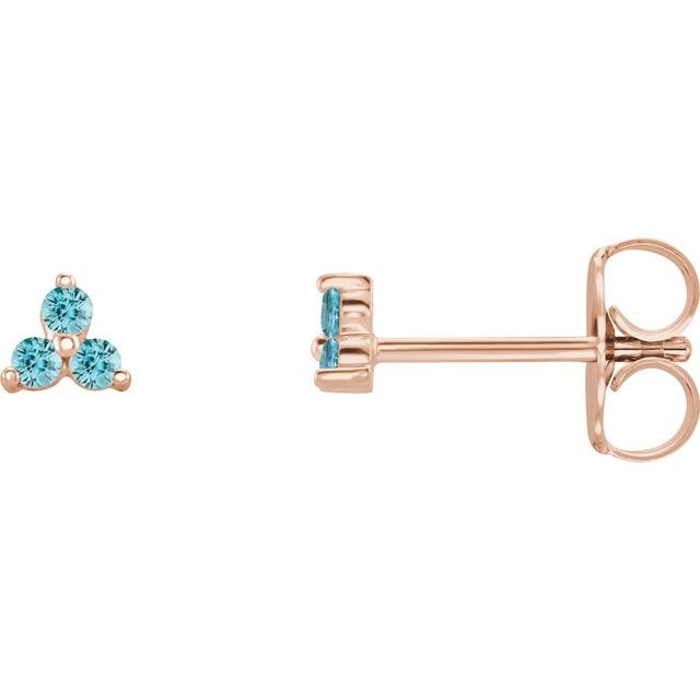 14K Rose Natural Blue Zircon Three Stone Earrings