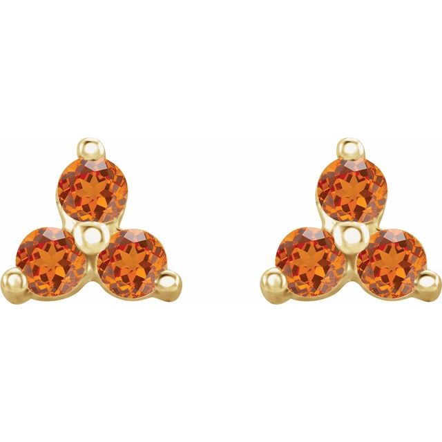 14K Yellow Natural Orange Garnet Three Stone Earrings