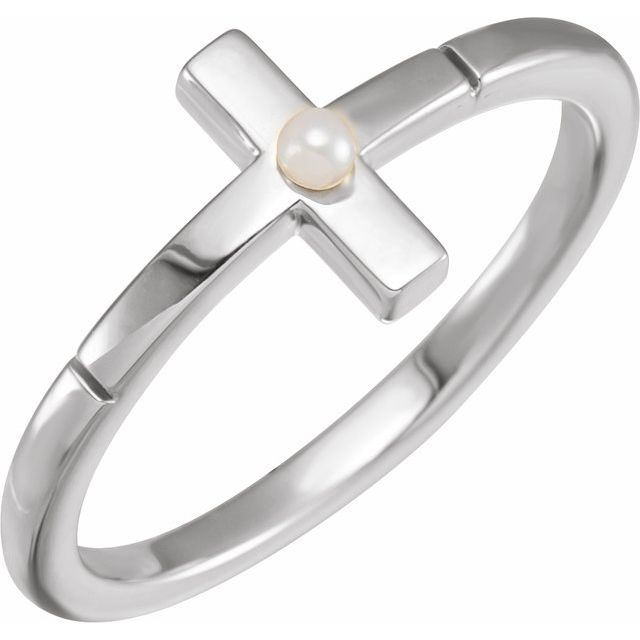 Platinum Cultured White Akoya Pearl Sideways Cross Ring 