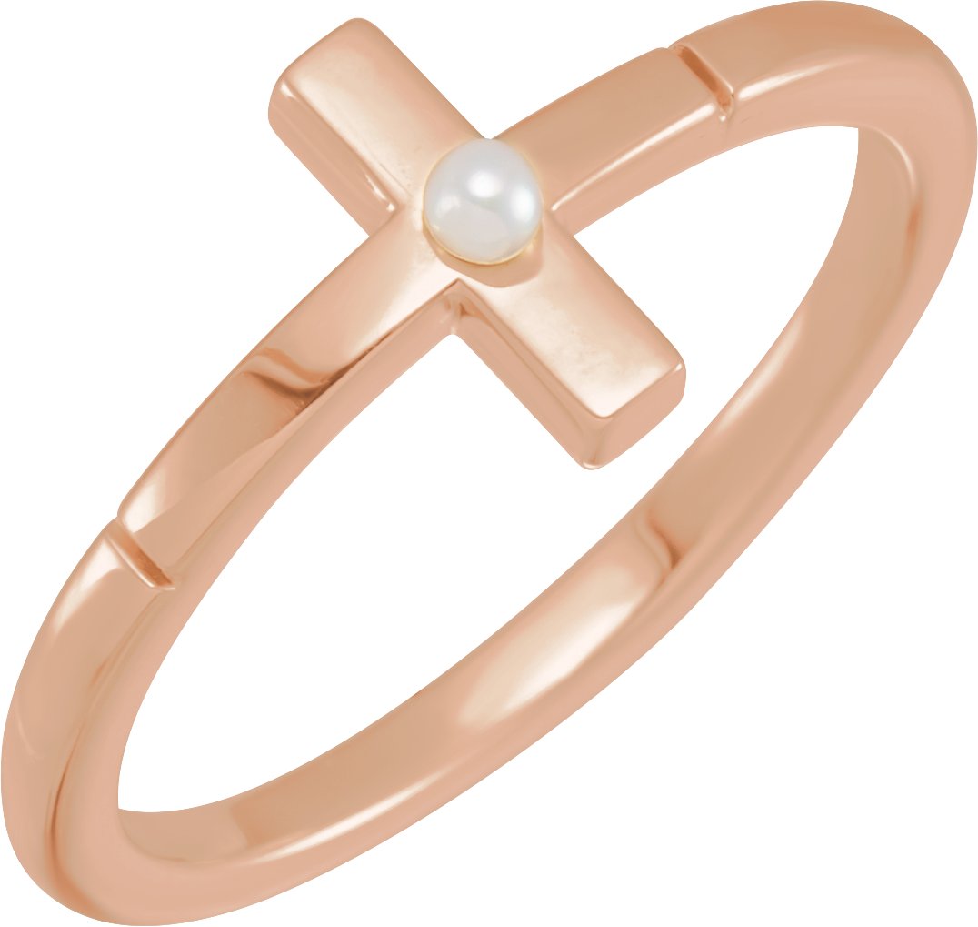 14K Rose Cultured Akoya Pearl Sideways Cross Ring