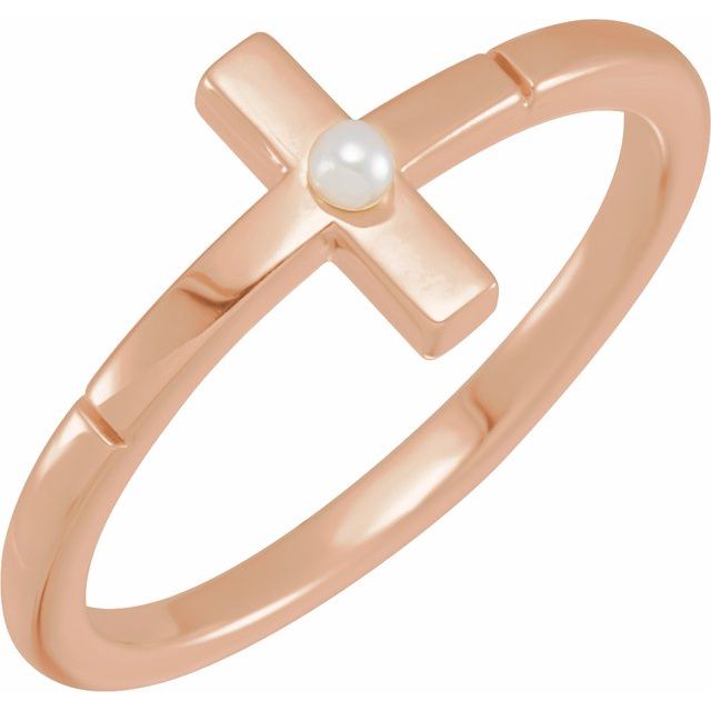 14K Rose Cultured White Akoya Pearl Sideways Cross Ring 