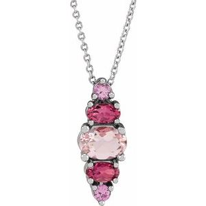 14K White Natural Pink Multi-Gemstone Bar 16-18" Necklace