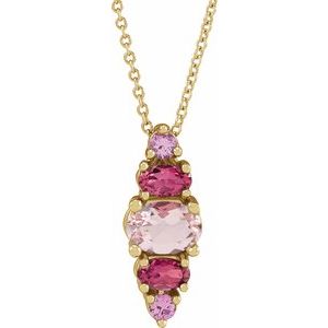 14K Yellow Natural Pink Multi-Gemstone Bar 16-18" Necklace