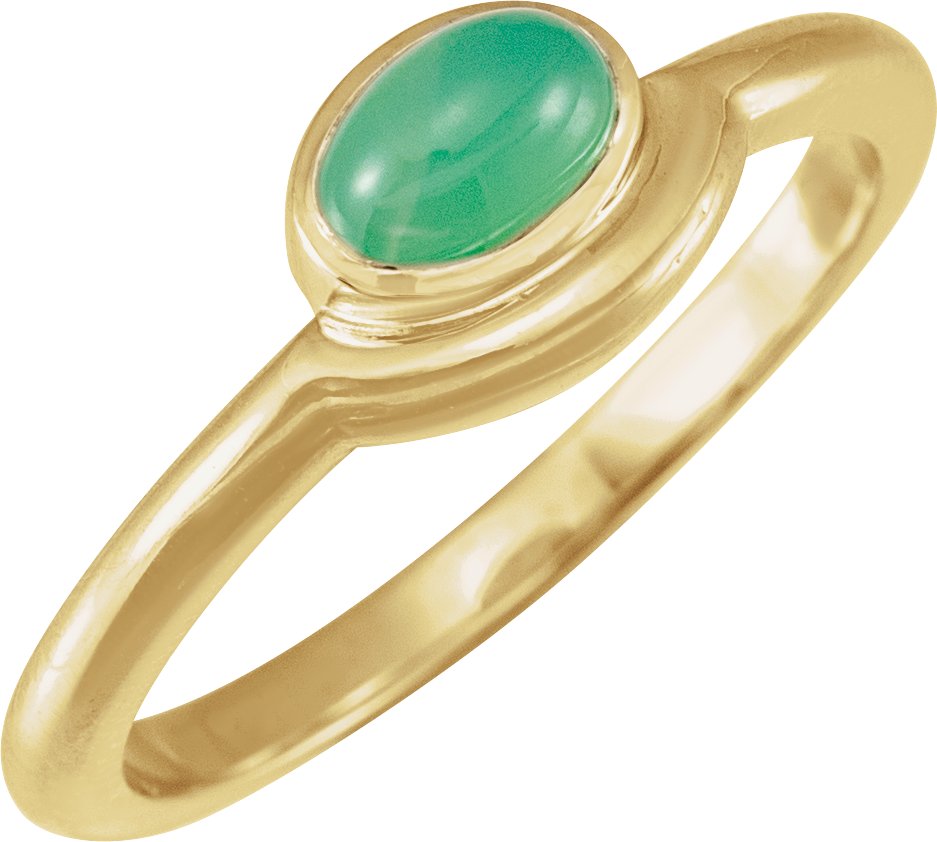 14K Yellow Natural Green Chrysoprase Bezel-Set Cabochon Ring