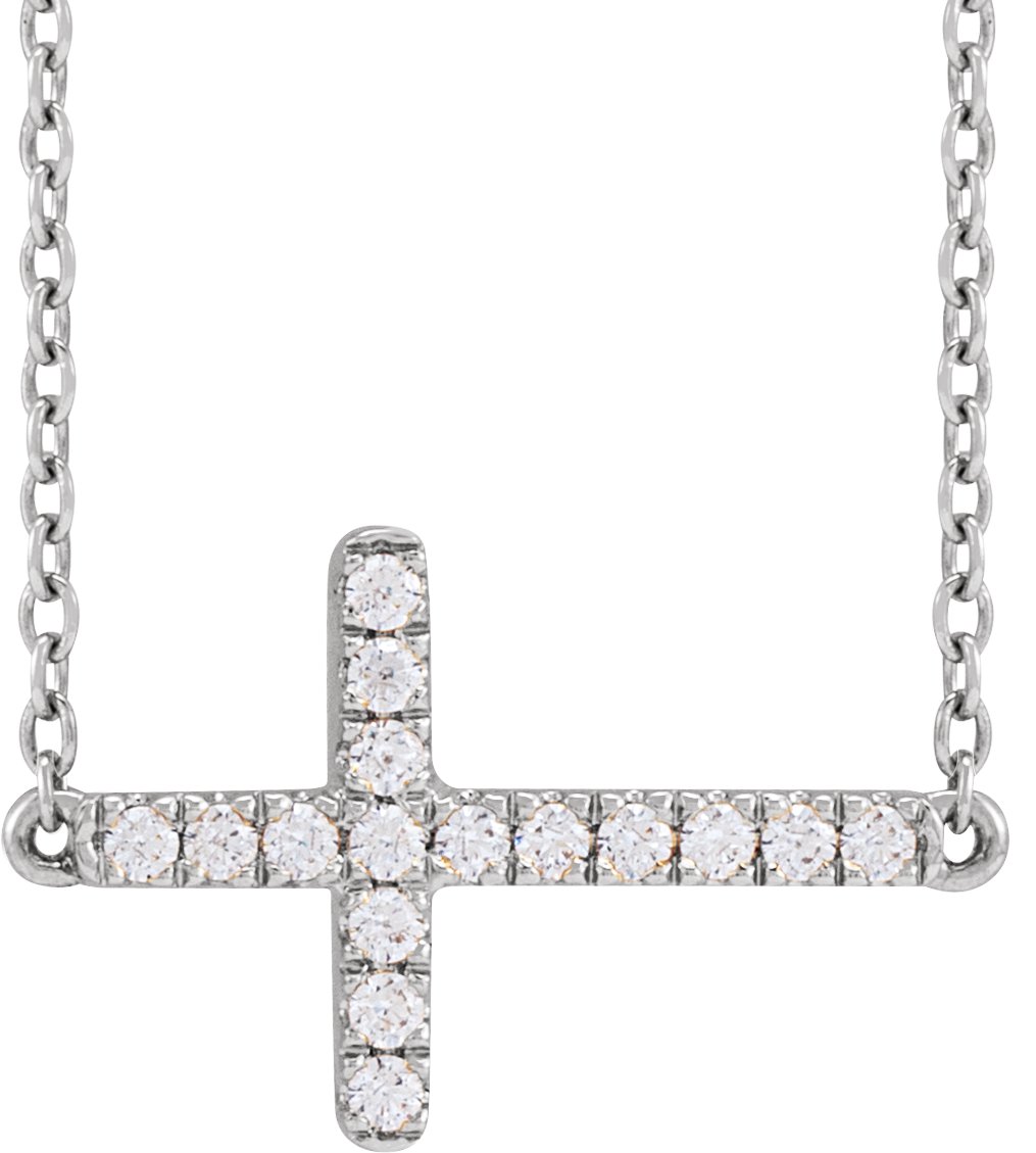 14K White 1/6 CTW Lab-Grown Diamond Sideways Cross 16-18 Necklace