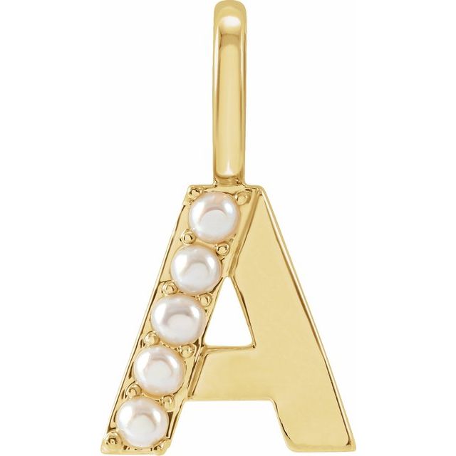 14K Yellow Cultured White Pearl Initial A Charm/Pendant
