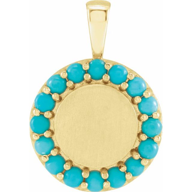 14K Yellow Natural Turquoise Engravable Halo-Style Pendant