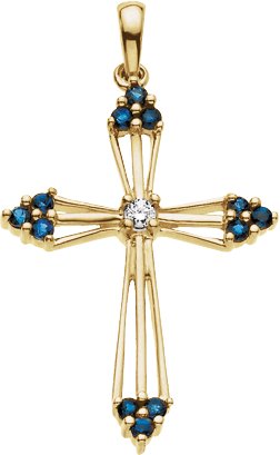 14K Yellow Natural Blue Sapphire & .04 CTW Natural Diamond Cross Pendant  