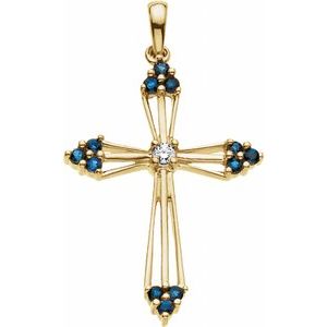 14K Yellow Natural Blue Sapphire & .04 CTW Natural Diamond Cross Pendant  