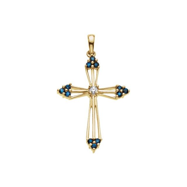14K Yellow Natural Blue Sapphire & .04 CTW Natural Diamond Cross Pendant  