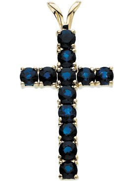 14K Yellow Natural Blue Sapphire Cross Pendant