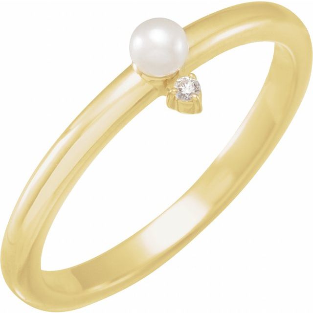 14K Yellow Cultured White Seed Pearl & .015 CT Natural Diamond Ring