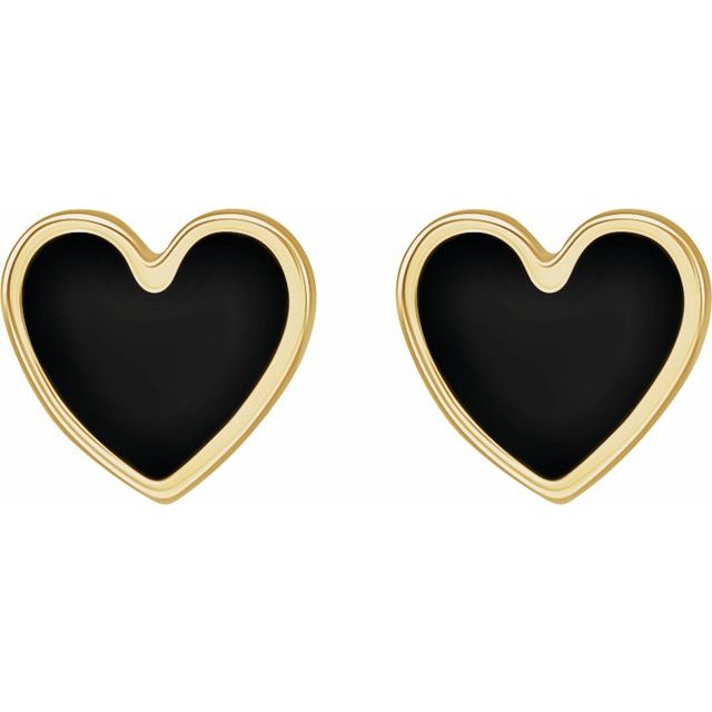 14K Yellow 5.9x5.5 mm Black Enamel Heart Earrings
