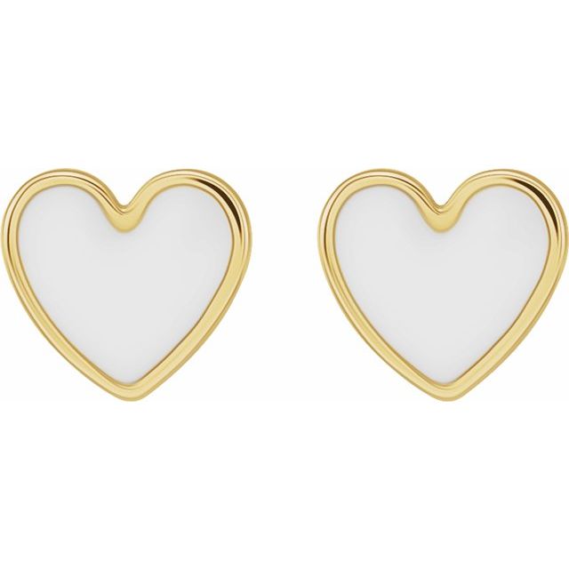 14K Yellow 5.9x5.5 mm White Enamel Heart Earrings