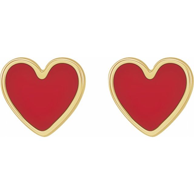 14K Yellow 5.9x5.5 mm  Red Enamel Heart Earrings