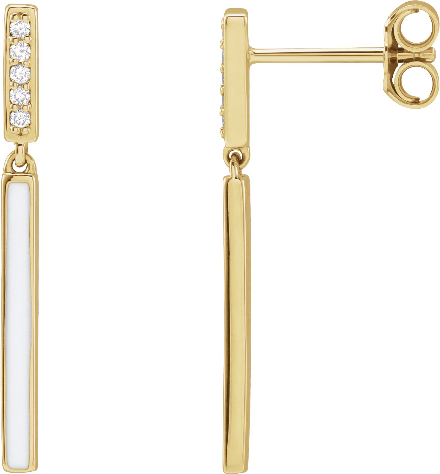 14K Yellow .06 CTW Natural Diamond & White Enamel Bar Earrings