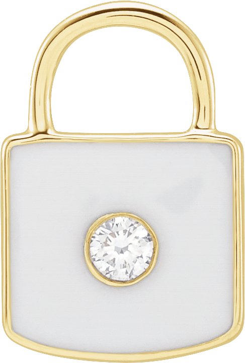 14K Yellow .035 CT Natural Diamond and White Enamel Lock Charm or Pendant Ref 18628491