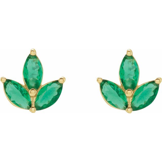 14K Yellow Natural Emerald Cluster Earrings