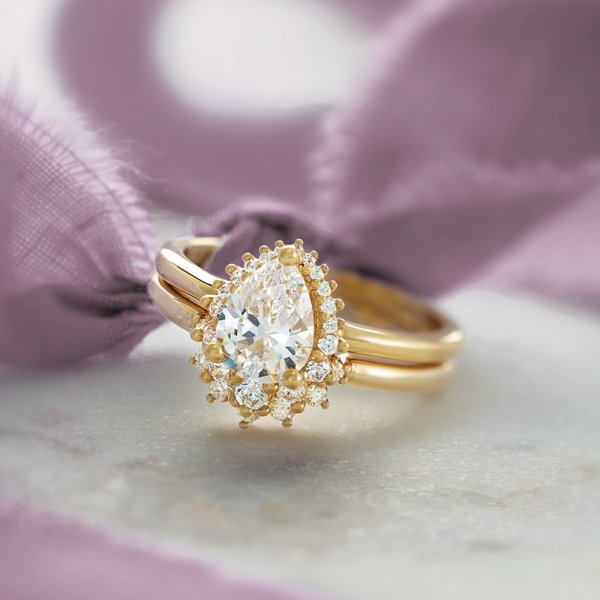 14K Yellow Gold Halo-Style Engagement Ring with Matching Band