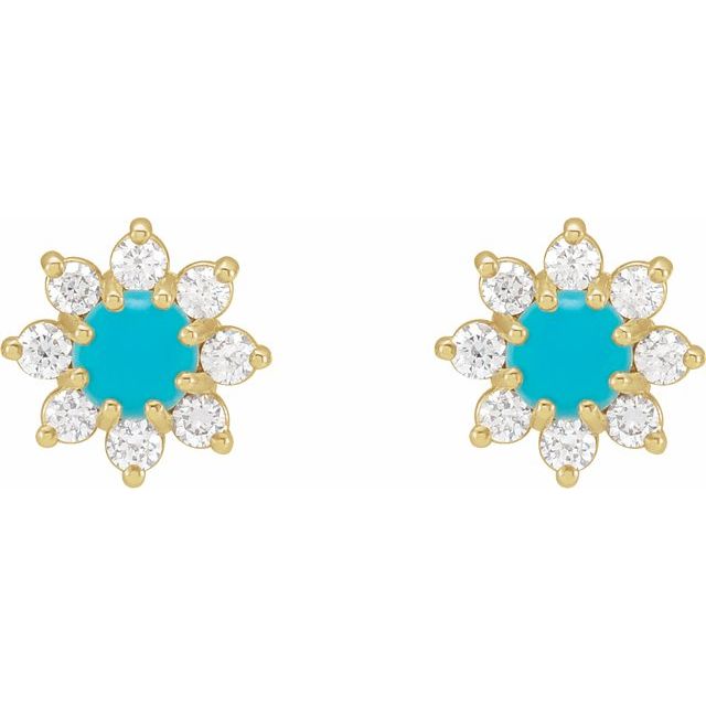 14K Yellow Natural Turquoise & 1/8 CTW Natural Diamond Flower Earrings