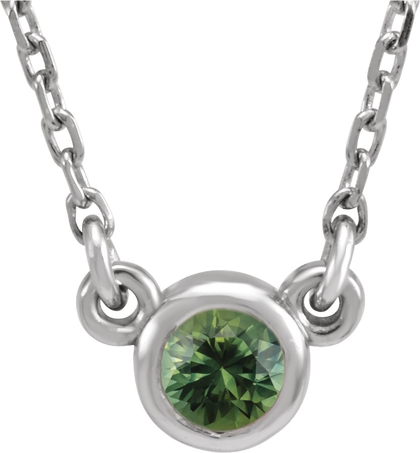 14K White 3 mm Round Natural Green Sapphire Solitaire 18" Necklace