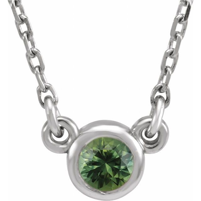 14K White 3 mm Round Natural Green Sapphire Solitaire 18 Necklace