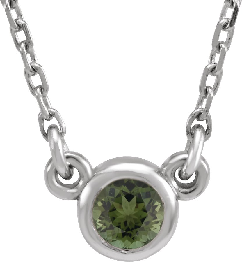 14K White 3 mm Round Natural Green Tourmaline Solitaire 18" Necklace