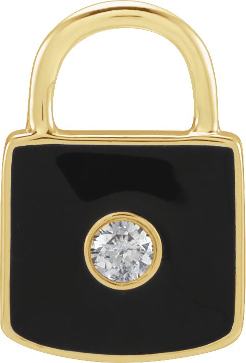 14K Yellow .035 CT Natural Diamond and Black Enamel Lock Charm or Pendant Ref 18628494