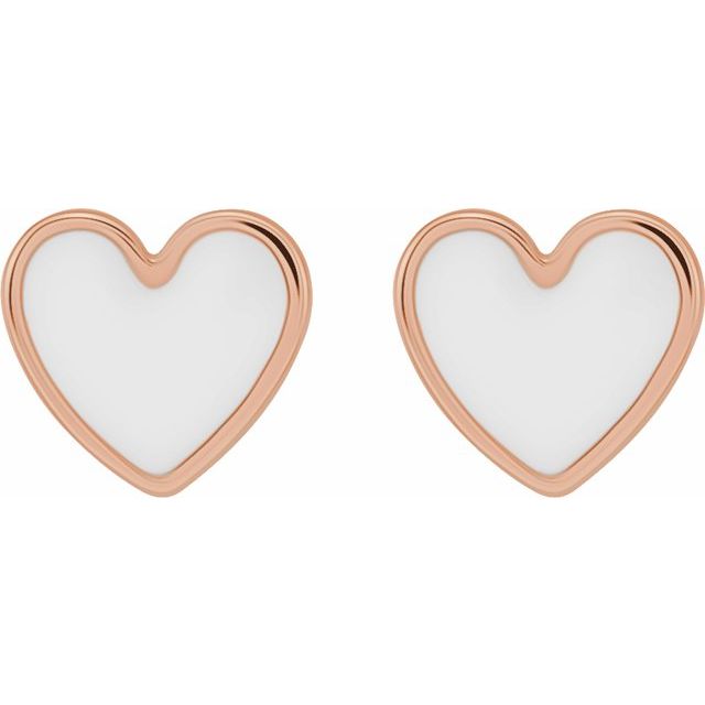 14K Rose 5.9x5.5 mm White Enamel Heart Earrings