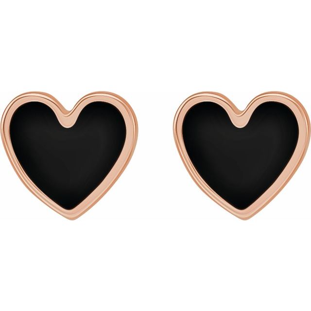 14K Rose 5.9x5.5 mm Black Enamel Heart Earrings