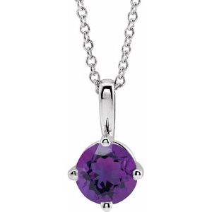 14K White 5 mm Natural Amethyst Solitaire 16-18" Necklace