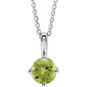 14K White 5 mm Natural Peridot Solitaire 16-18" Necklace