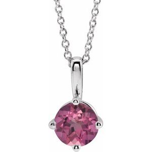Sterling Silver 5 mm Natural Pink Tourmaline Solitaire 16-18" Necklace