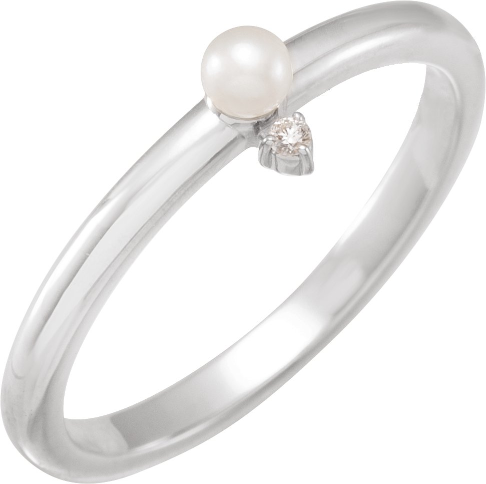 14K White Cultured White Seed Pearl & .015 CT Natural Diamond Ring