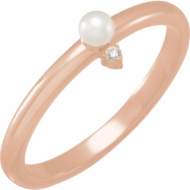 14K Rose Cultured White Seed Pearl & .015 CT Natural Diamond Ring