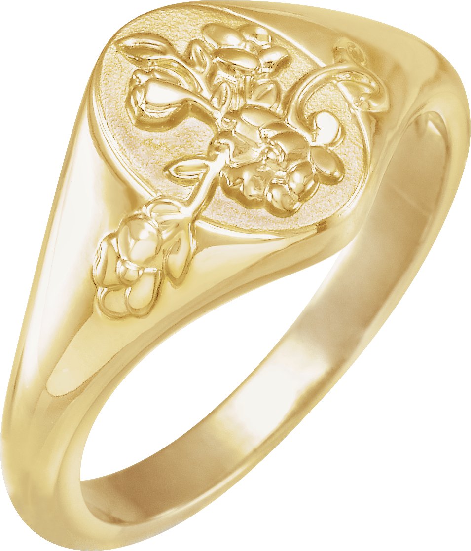 14K Yellow 10.8 mm Oval Floral Signet Ring