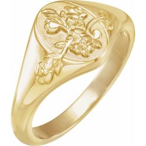 10K Yellow 10.8 mm Oval Floral Signet Ring
