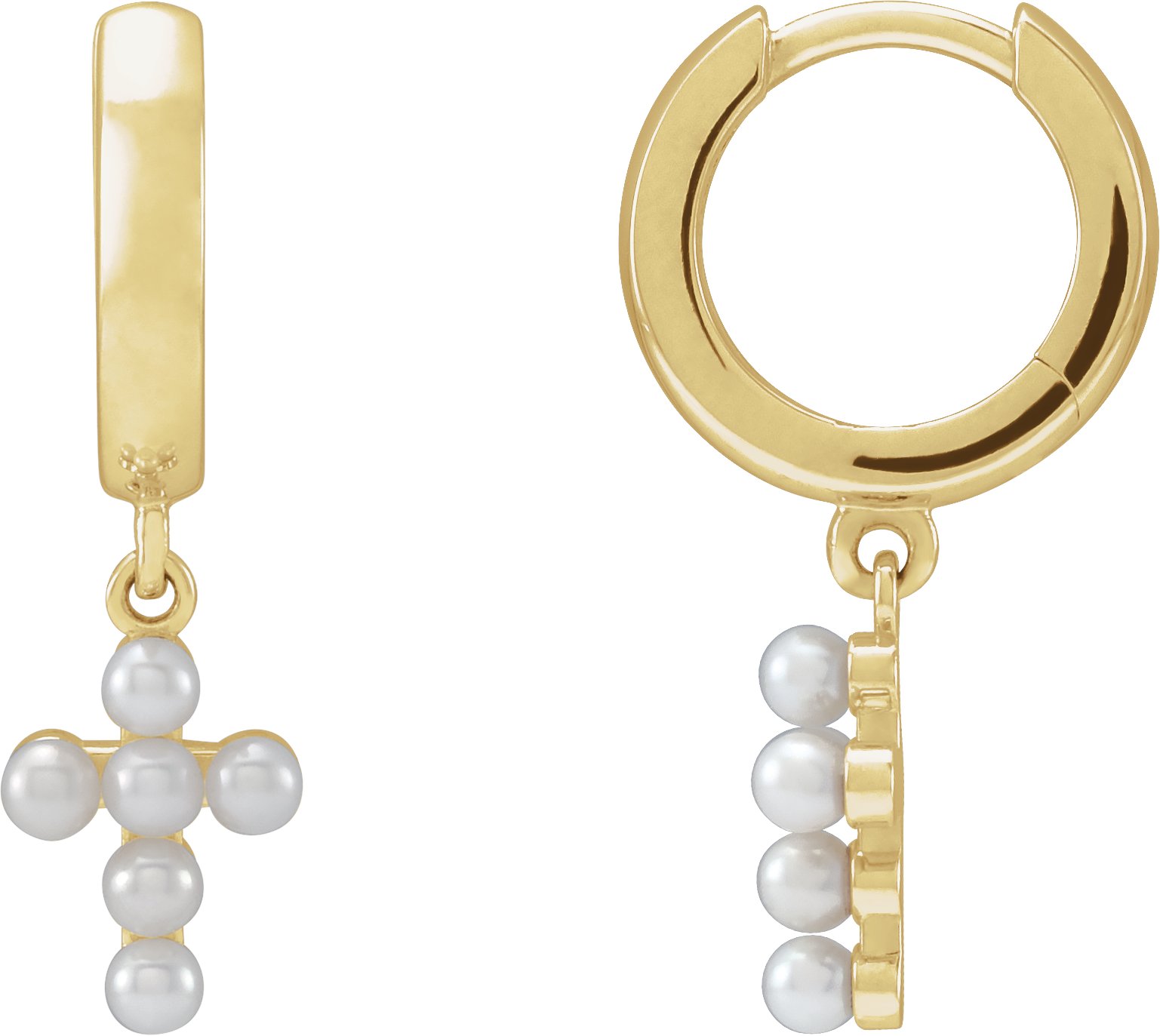 14K Yellow Cultured White Seed Pearl Cross Hoop Earrings