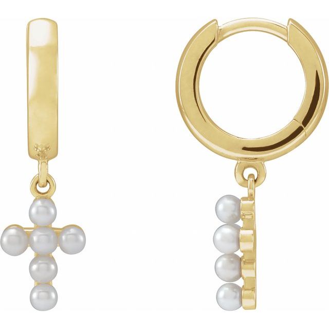 14K Yellow or White Gold Cultured White Seed Pearl Cross Hoop Earrings 14K Yellow or White Gold Cultured White Seed Pearl Cross Hoop Earrings